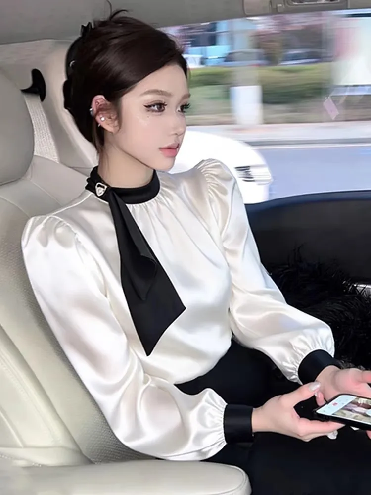 Elegant Long Sleeve Chiffon Shirt with Sash in Apricot for Women Spring Autumn 2026 New Style Luxury Fashion Ladylike Shirt