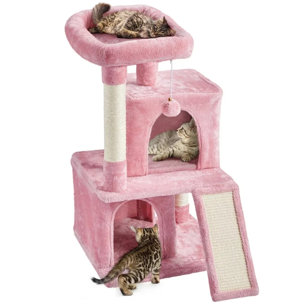 

2024 New 36" H Multilevel Plush Cat Tree with Double Condos and Furry Ball, Pink