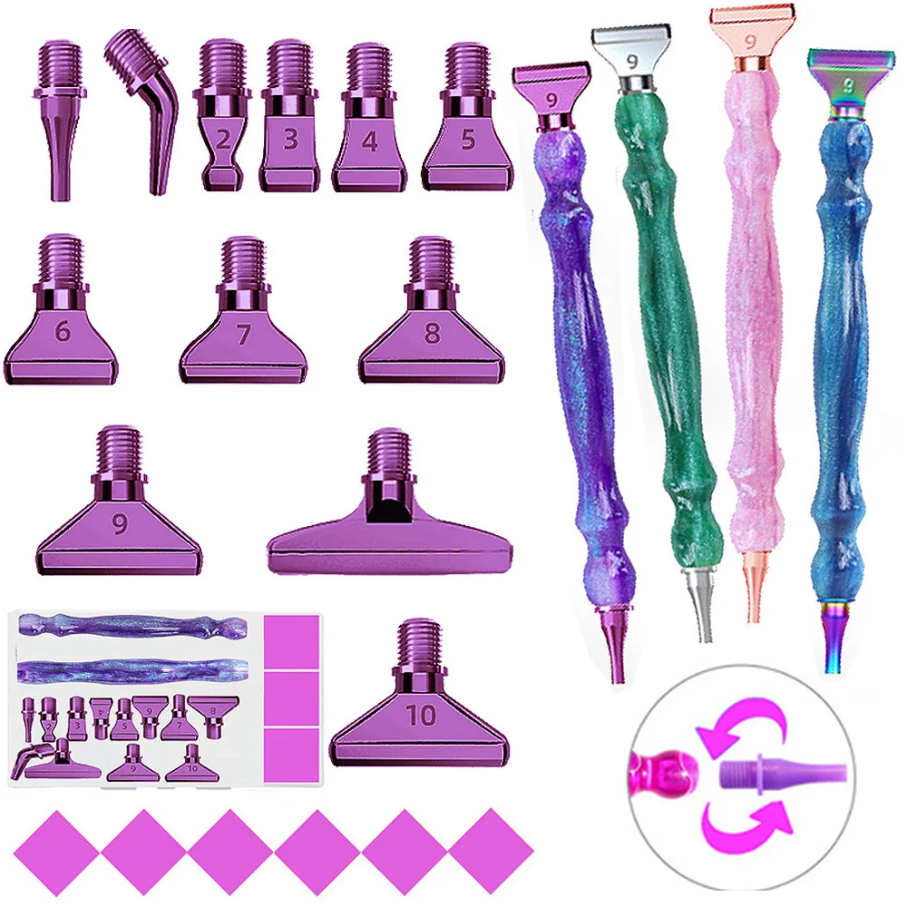 5D Diamond Painting Tool Crystal Point Drills Pen With Purple Metal Point Drill Heads Multi Placer Pen Tip And Clay Akcesoria