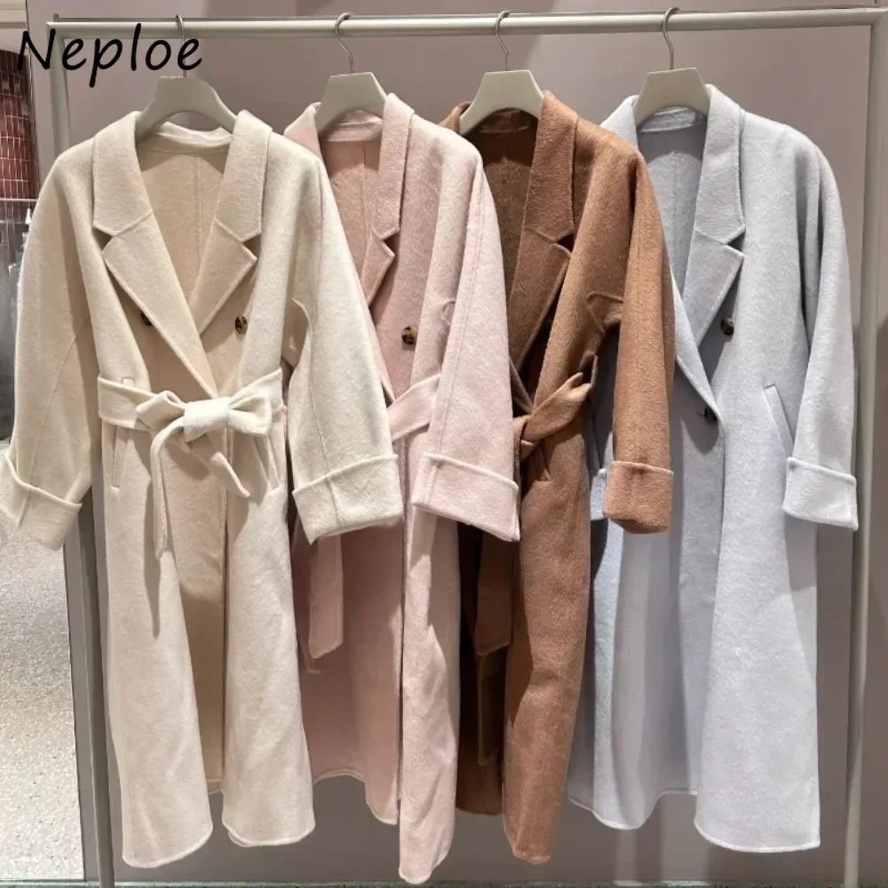 Neploe Vintage Hong Kong Style Harajuku Wool Jacket Slim Lace Up Winter All-match Blends Japan Mid-length Commuter Luxury Coat