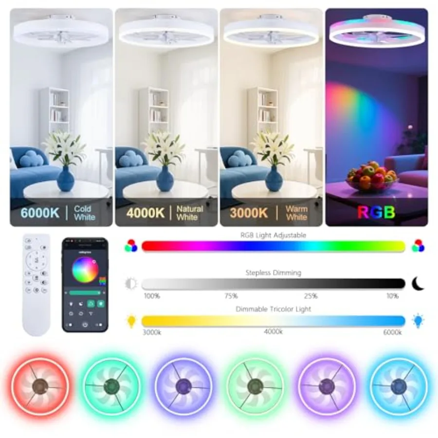 RGB ceiling fan with lights for bedroom, living room, kitchen; ABS plastic; white; smart LED, dimmable, remote/APP control, low