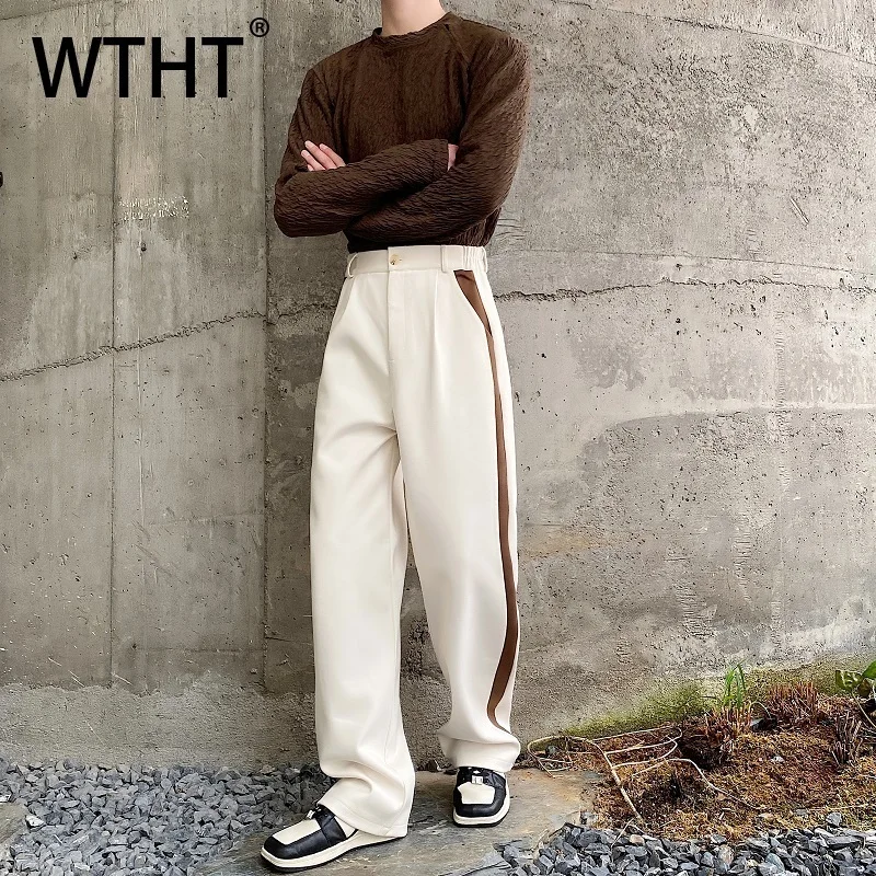 

WTHT Fashion Men‘s Spliced Striped Contrast Color Casual Pants Trendy High-waisted Wide Leg Jeans Male 2025 Autumn 2A1920
