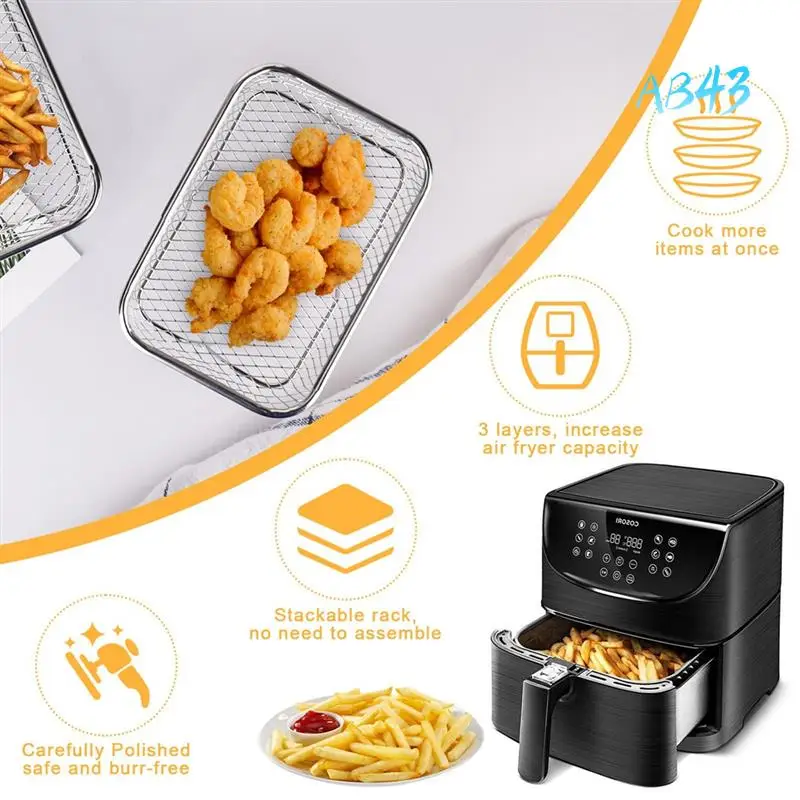 

AB43-Stackable Rectangular Air Fryer Shelves, 304 Stainless Steel, 3 Tiers For Enhanced Air-Frying