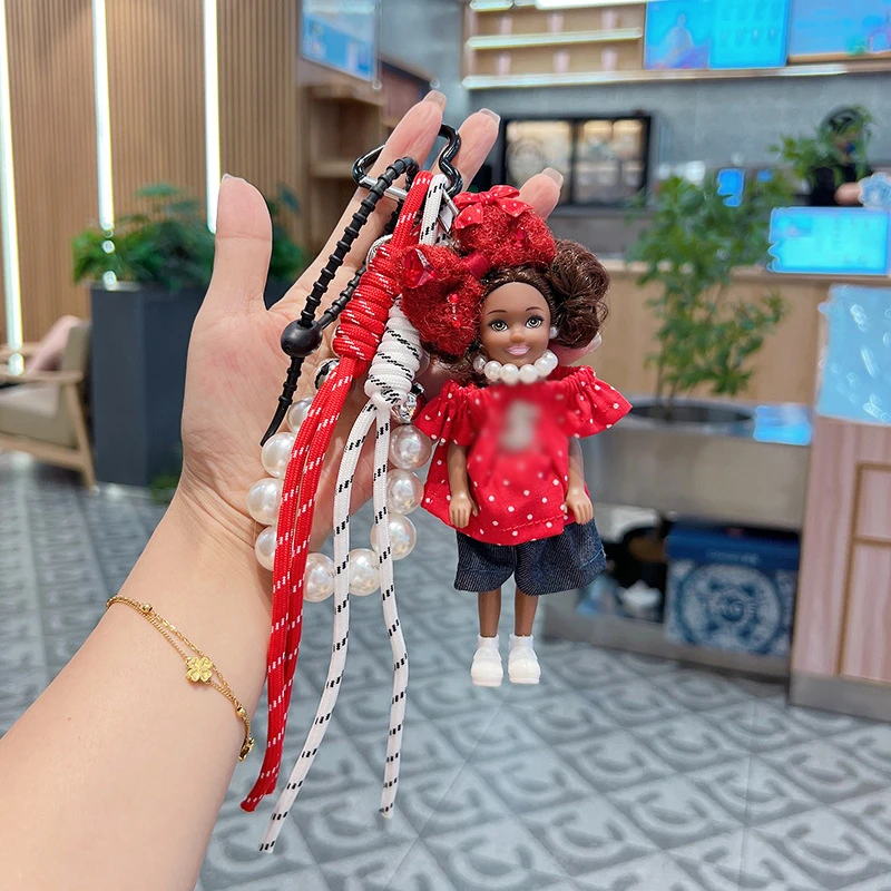 1pcs New Fashion Black Princess Doll Polka Dot Top Pants Set Car Keychain Pendant Exquisite Bag Charm Girls Handbag Decoration