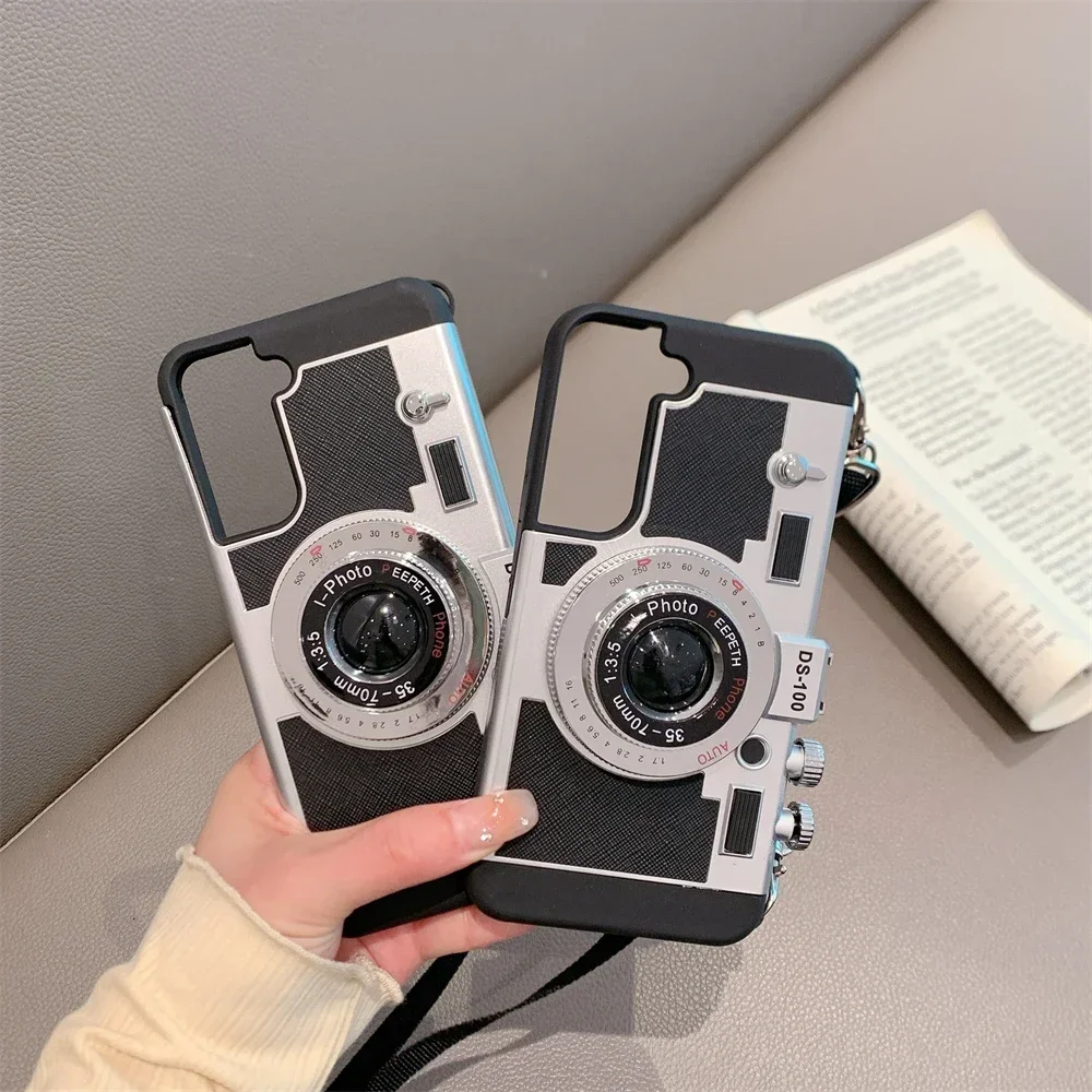 For Samsung Galaxy S24 S23 S22 Ultra S22 Plus S21 Note 20 Ultra Retro Camera Lanyard Phone Case Soft Silicone Shockproof Cover