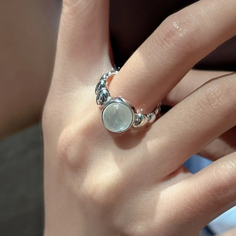 S925 Sterling Silver Korean Version Niche Design Feeling Water Foam Jade Ring Retro Fashionable Simple Wholesale