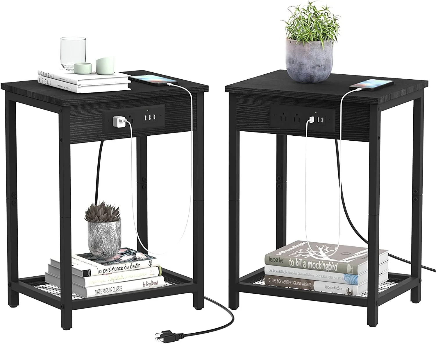 2-piece set of small side table with charging station and USB port, 2-story narrow side table bedroom with storage rack