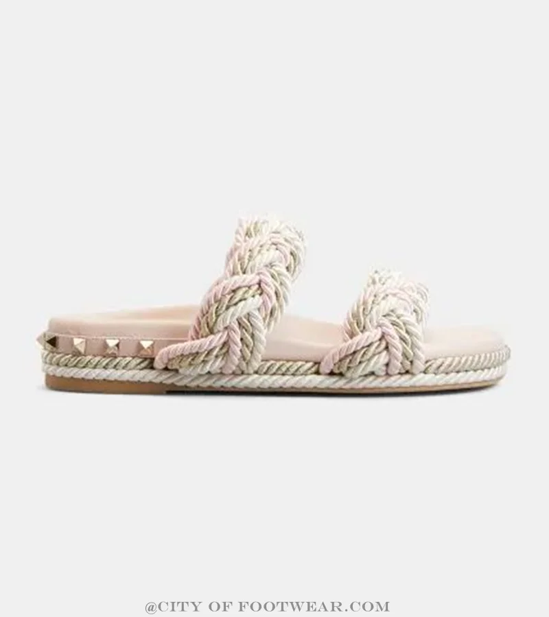 5mm Rockstud Woven Two-Band Sandals Braided Rope Leather Flat Slippers Women Designer Summer Beach Causal Dress Soft Shoes