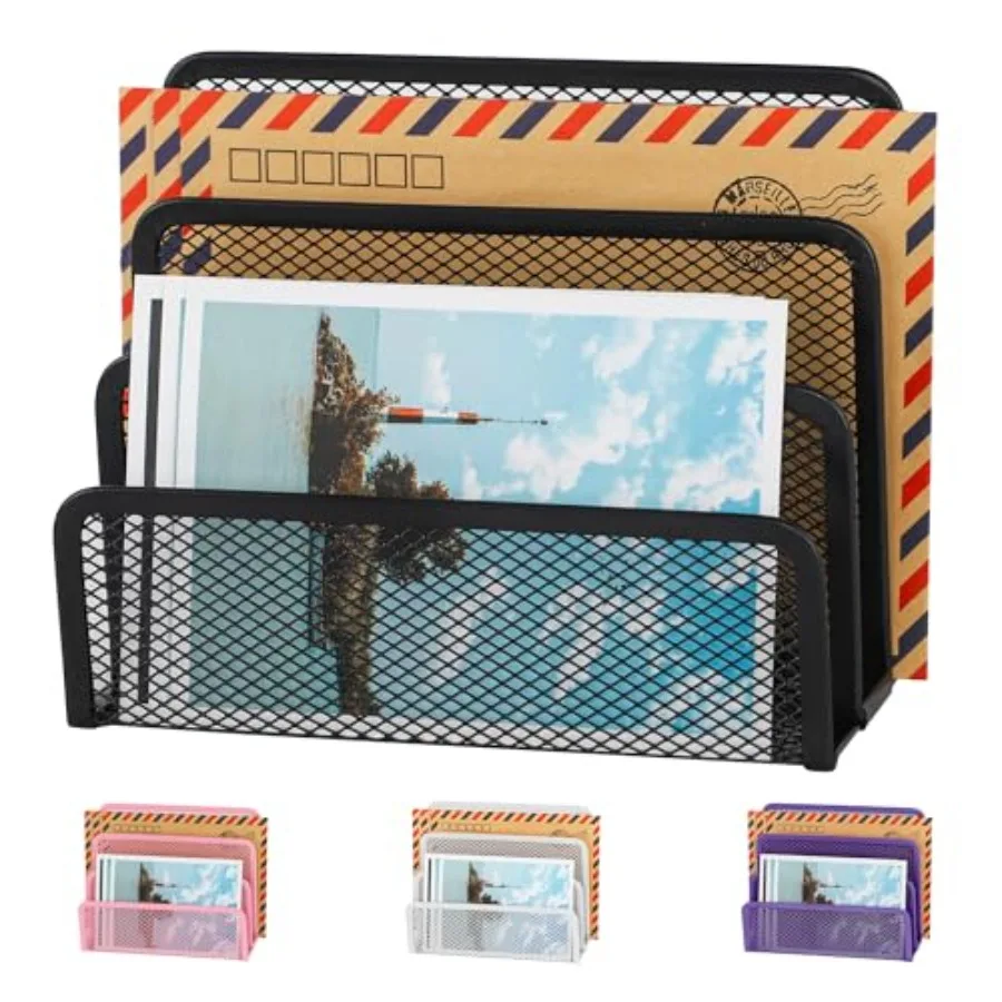 Desk Mail Organizer, Office Small Desktop Metal Mesh Envelope Letter Sorter Paper File Holder Organizer with 3 Vertical Upright