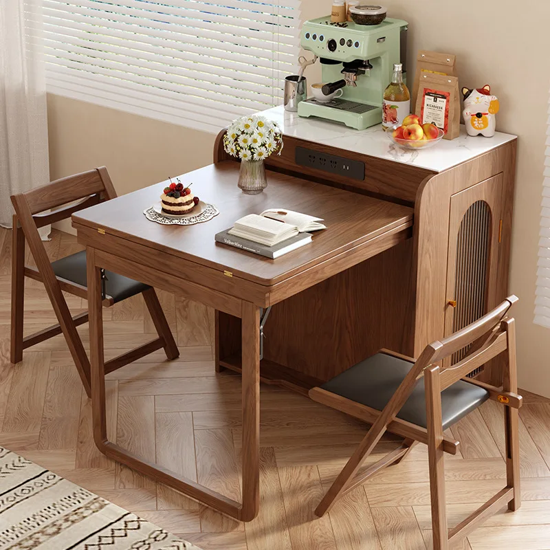 Modern telescopic rock slab island dining table integrated household small storage multi-functional socket folding dining table