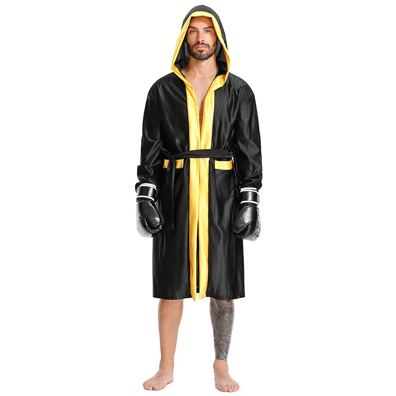 Boxer-Gewand für Erwachsene Herren Wettkampf-Cosplay-Outfit Schwarze Kapuzenjacke Umhang Jogginghose Anzug Bühnen-Performance-Kostüm