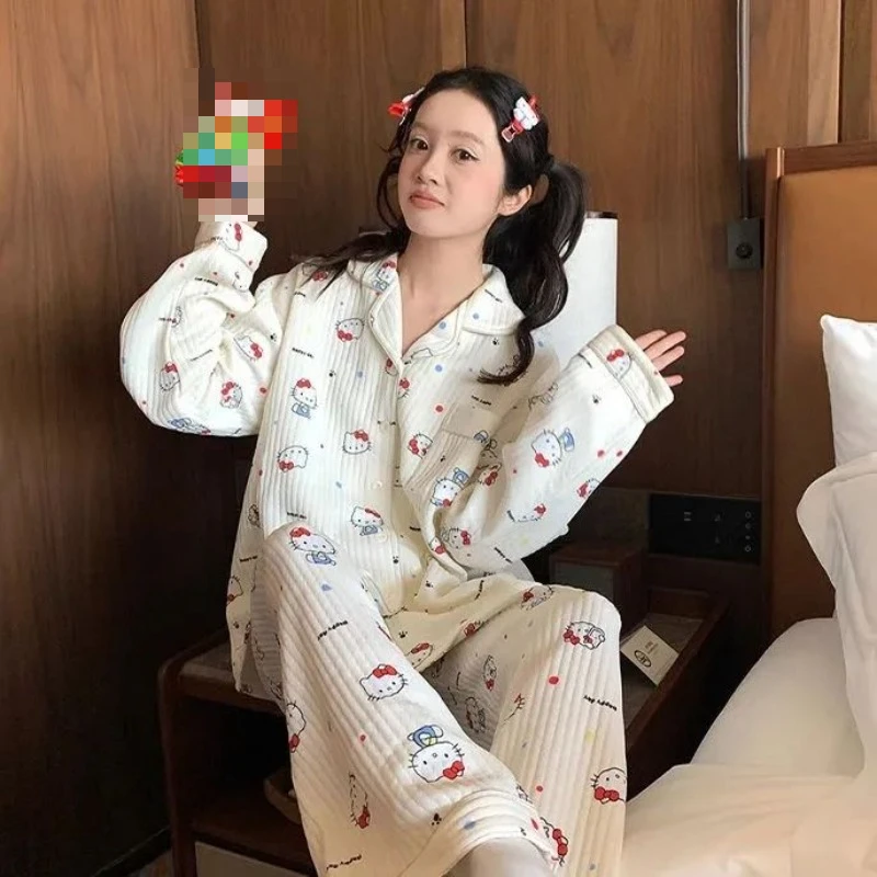 

Cartoon Sweet Quilted Hello Kitty Pajamas for Girls in Autumn and Winter Loose Comfortable Versatile Soft Cute Home Clothes Set