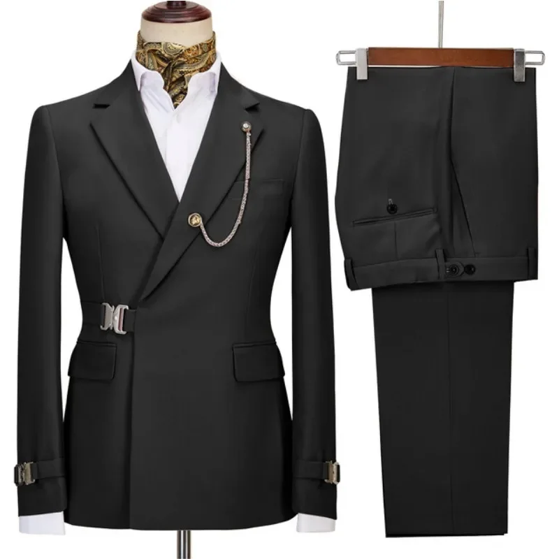 Green Belt Design Double Breasted Mens Suits 2 Pieces Coat Pant Latest Design Wedding Suits Groom Prom Tuxedos Blazer Set