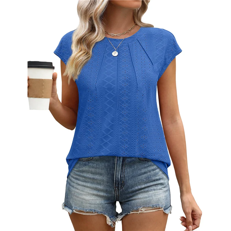 ASDS-レディース サマー プリーツ ドレスアップ カジュアル キャップ 半袖 Tシャツ