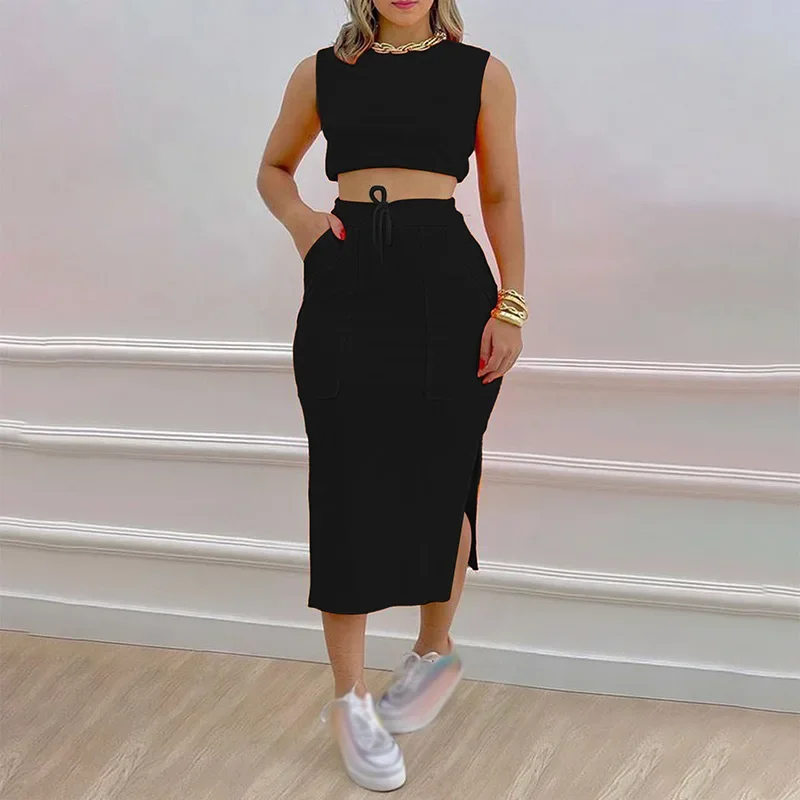 Skirt Sets Women Streetwear Summer 2024 New Solid Round Neck Short Sleeveless Top and Fashionable Versatile Half Dress Suit Y2k