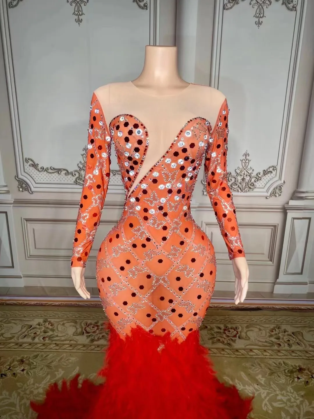 Red Color Feathers Ladies Long Sleeve Beading Trumpet Floor-Length Dress Bodycon Evening Party Dress Singer Show Stage Costume