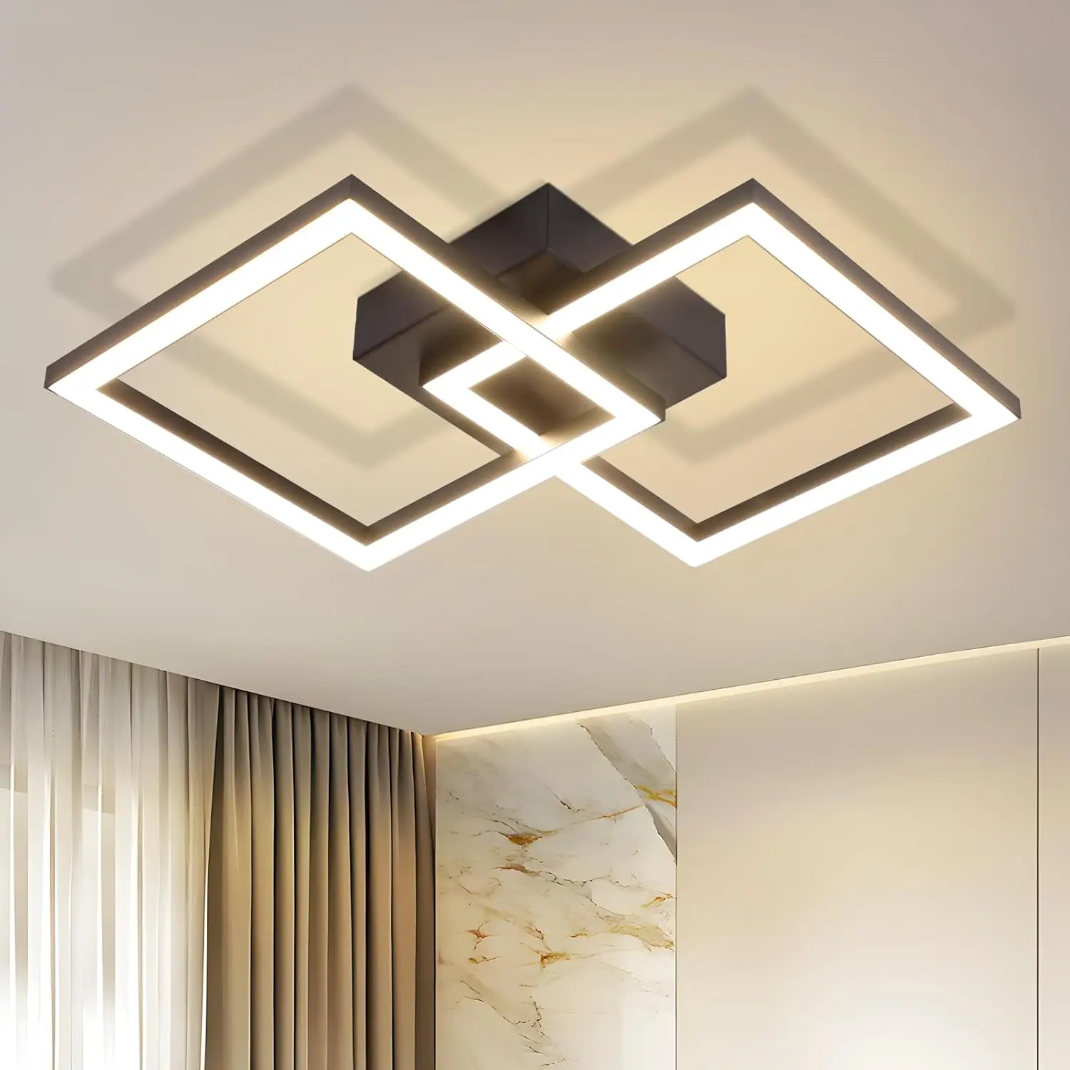 Plafonnier LED – plafonnier de couloir, noir, design moderne, blanc chaud 3000K, lampe de cuisine, 47 cm, carré, lampe de chambre, 24 W, éclairage doux pour chambre, salon, cuisine, bureau
