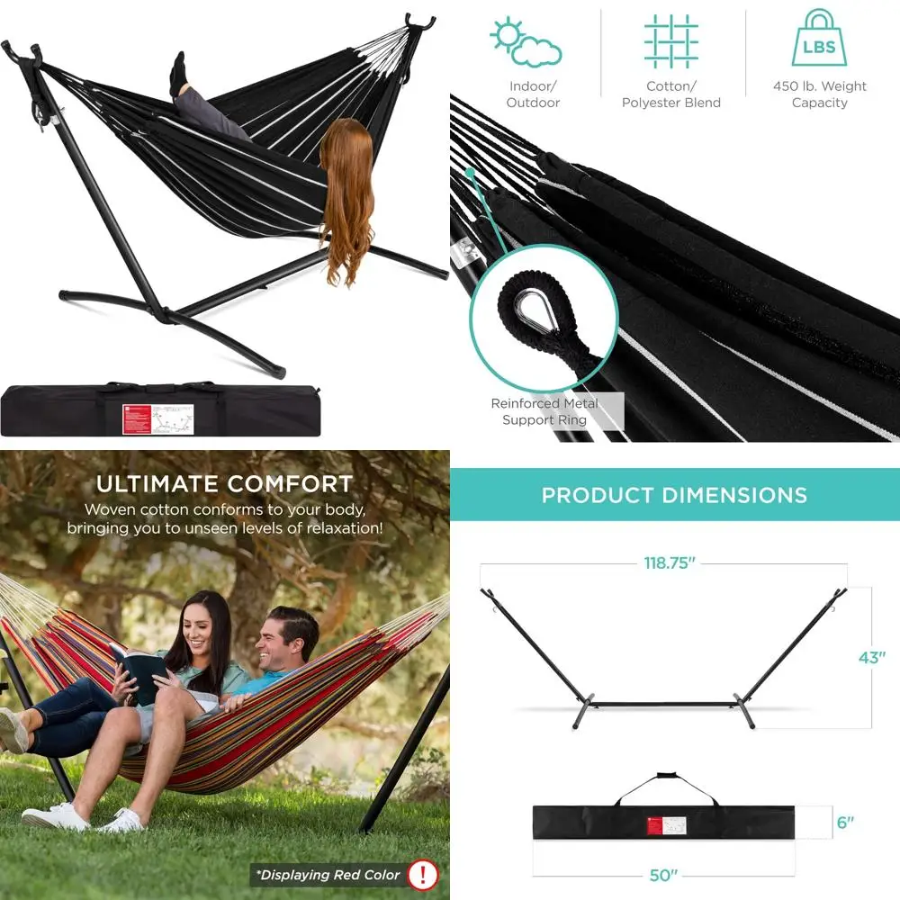 

Двухместный домашний двойной гамак на открытом воздухе со стальной подставкой и сумкой для переноски, хлопковая кровать в бразильском стиле для комфорта и удобства