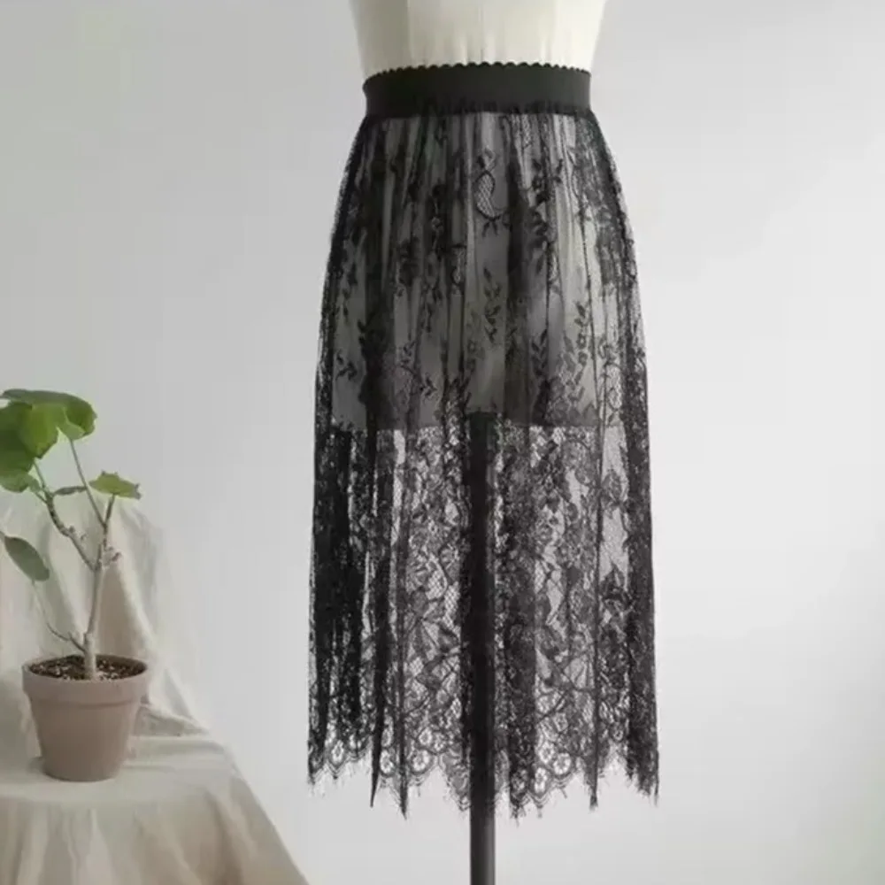 Fashion Transparent Sexy Lace Mesh Skirt 2 Length Lace Long Tulle Skirt Elegant Elastic High Waist Midi Skirt Ladies