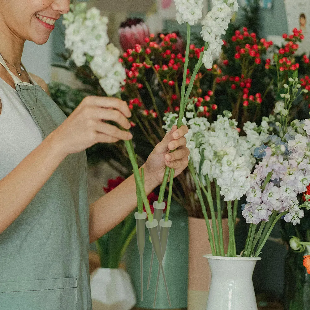 100 Uds. Tubos de agua florales, tapas de viales de flores de tallo largo de plástico, suministros de arreglos florales, tubos de agua para floristería