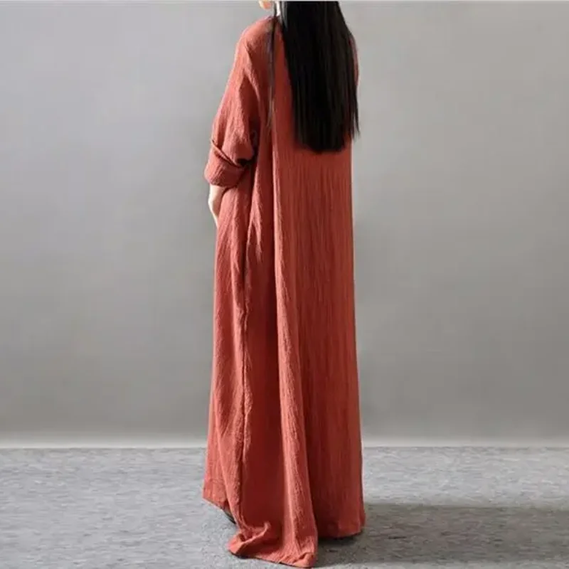 Autumn 2026 Loose Cotton Linen Long Dress Ladies Solid Color Vintage Maxi Dress Spring Female Robe Casual Loose Dresses Vestidos