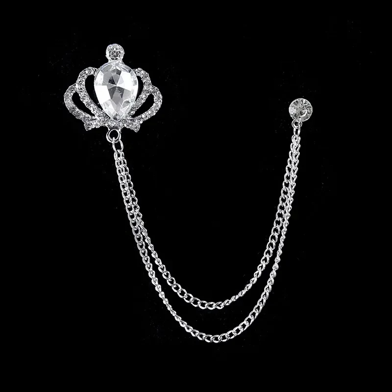 High-end Crown Brooch Rhinestone Tassel Chain Lapel Pins Gold Silver Color Metal Badge Fashion Collar Clothing Accessories