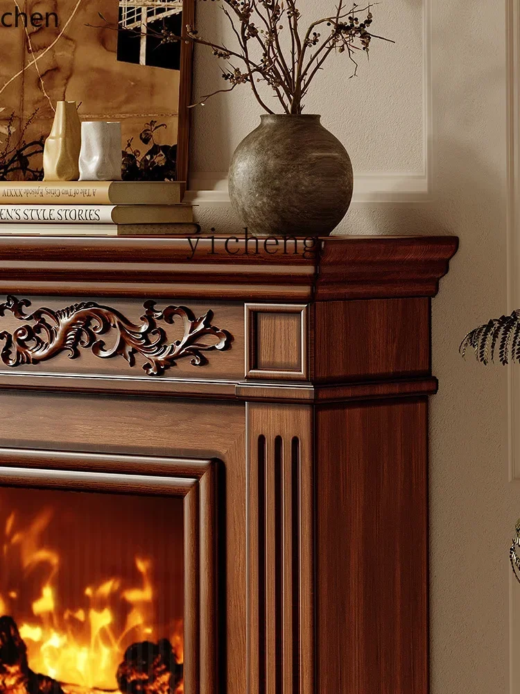 y9.4- retro country solid wood fireplace decorative cabinet living room electronic simulation flame 3D