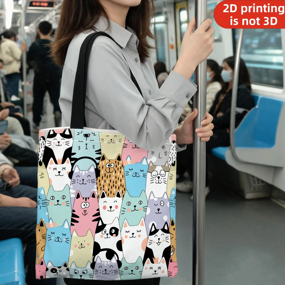 1Pc 2D Printing Cute Cartoon Cat Pattern Tote Bag For Daily Commute Shopping Travel Beach Outing Grocery Carry