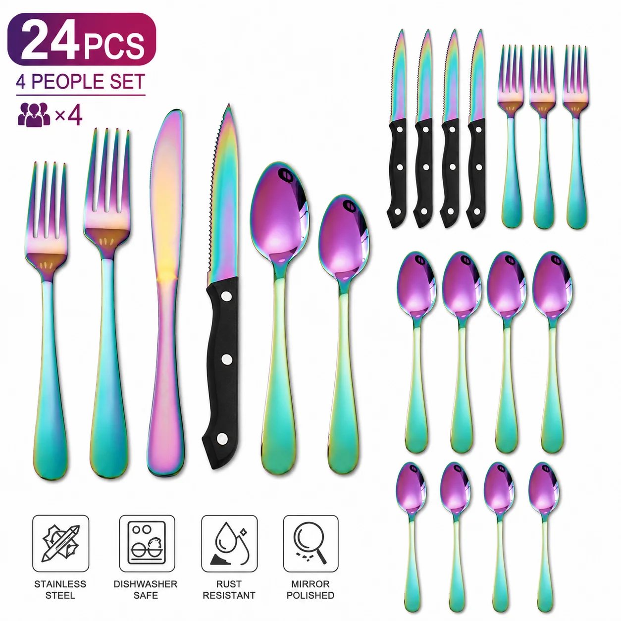 KOOMADE 24PCS Rainbow Stainless Steel Flatware Set for 4, Titanium Plated Cutlery Set with Steak Knives, Forks & Spoons