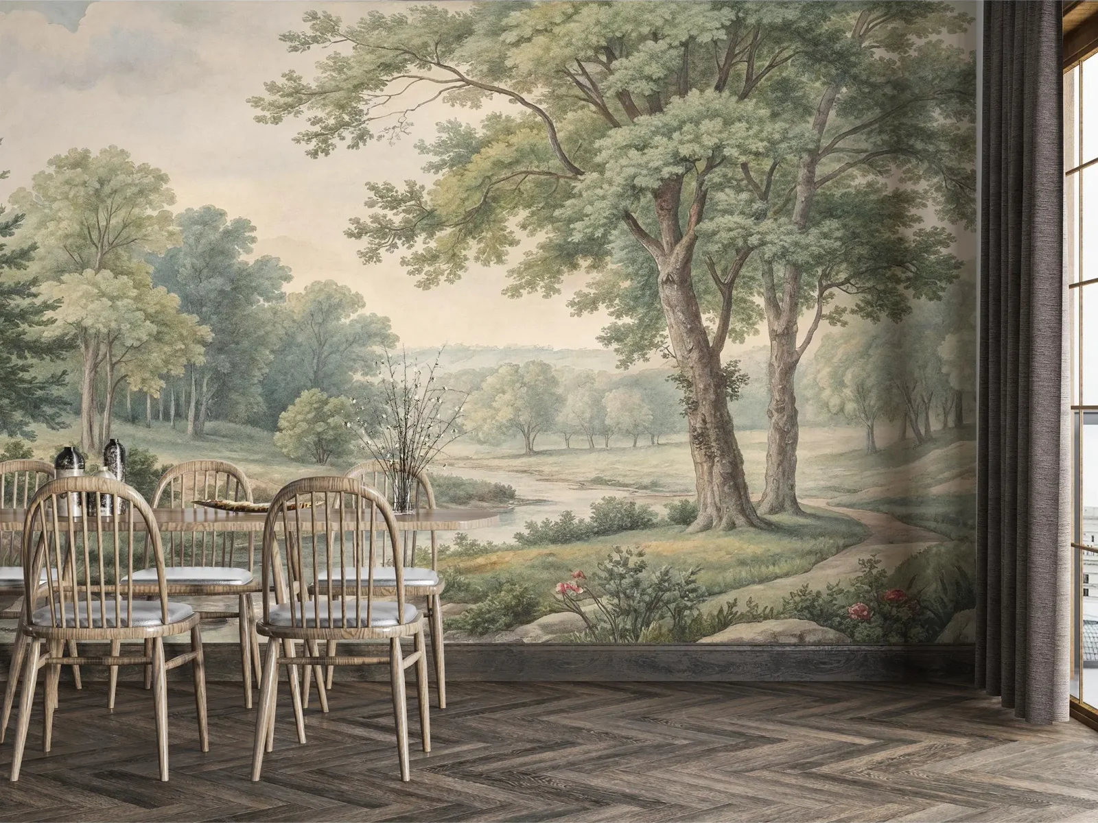 Rural murals, tree scenery wallpaper, vintage scenery wallpaper, bedroom living room wall decoration, pastoral natural wallpaper