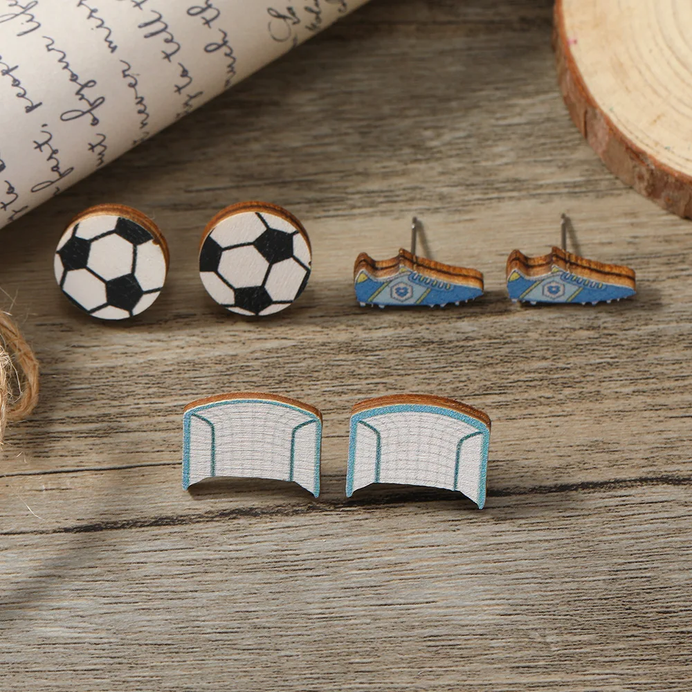 New Personalized and Creative Cartoon Football Set Earrings Versatile and Sweet Wooden Earrings for Woman Girls Festival Gift