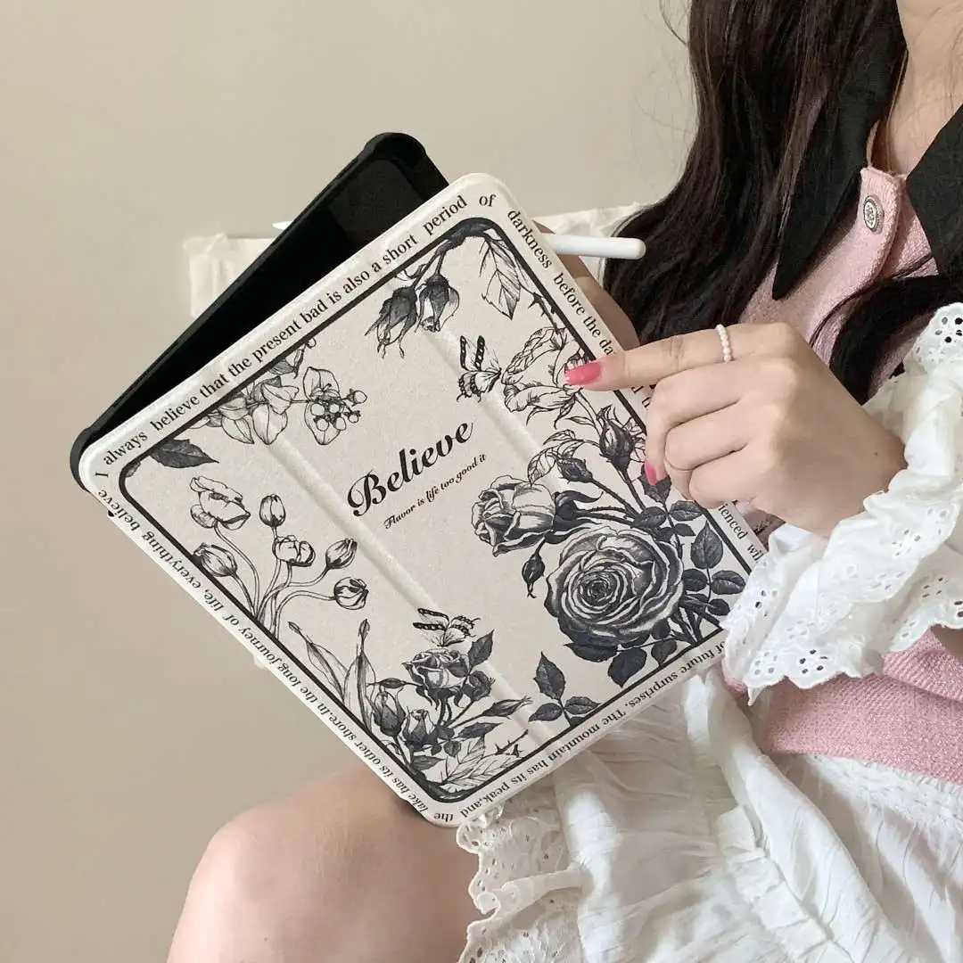 French Vintage Flower With Pencil Holder Funda for iPad 10.2 iPad Air5 4th Gen 10.9 iPad Pro 11 9.7 8 9th Air3 pro10.5 10th Case