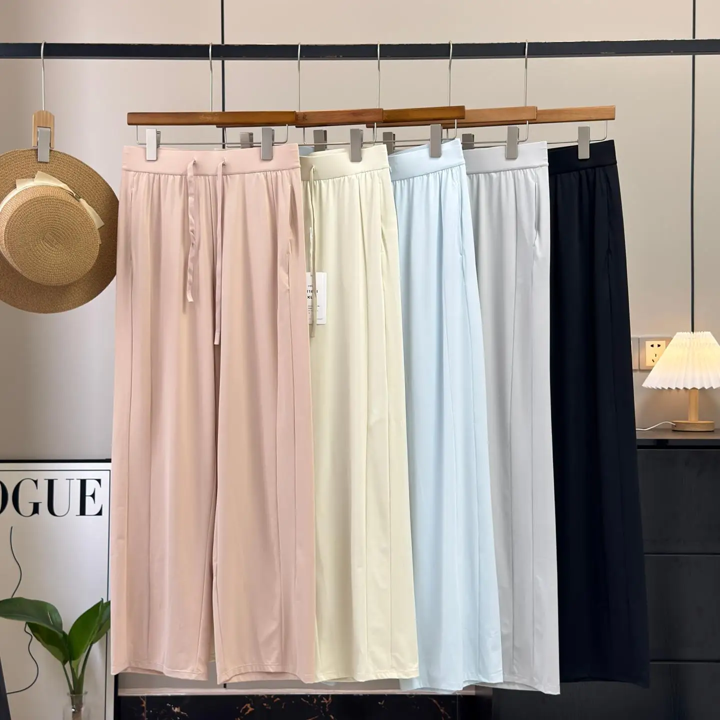 Summer Cool Lightweight Smooth High Waist Drawstring Straight Leg Sun Protection Casual Pants Women's High Waist Nylon Fabric