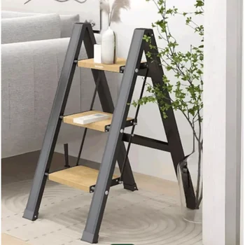 Home portable ladder chair multi-function folding ladder thickened aluminum alloy step stool wood grain pedal 3 step ladder