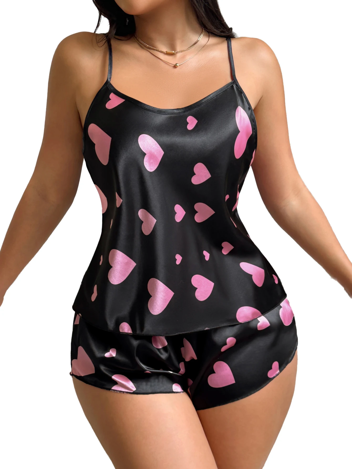 Summer Women Heart Print Satin Pajama Set Halter Round Neck Camisole Top Short Pants 2 Piece Casual Comfortable Ladies Sleepwear view 6