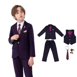 4Pieces Boys Purple Jacket Vest Pants Bowtie Photograph Suit Kids Easter Church Ceremony Dress Children Birthday Party Costume