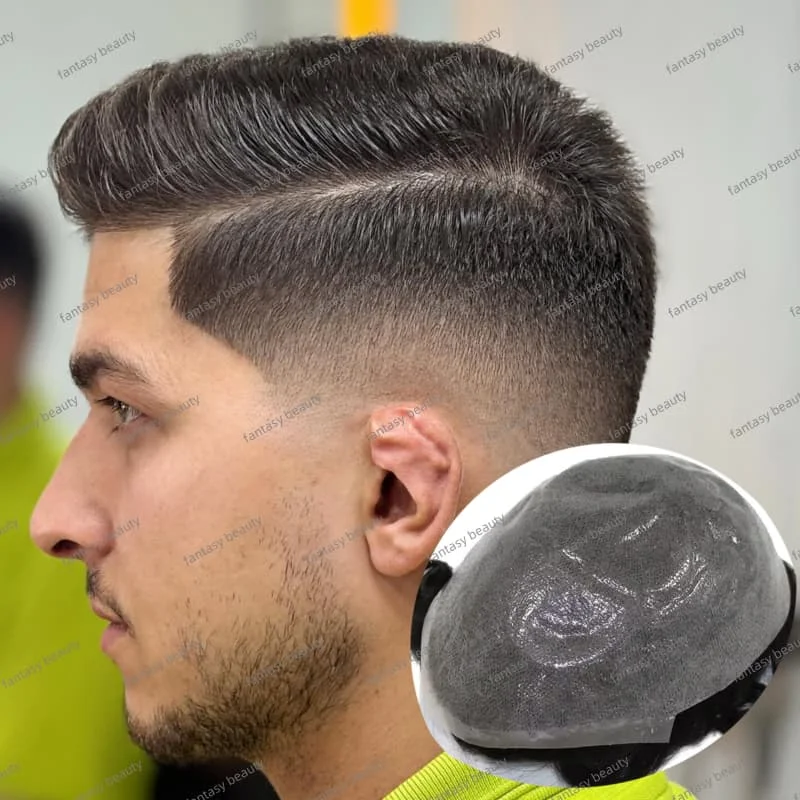 80-100% الكثافة 100% شعر بشري أوروبي اصطناعي رجل شعر مستعار سوبر سمك الجلد 0.04 مللي متر بولي Men الرجال الشعر المستعار الرجال الشعرية الاصطناعية