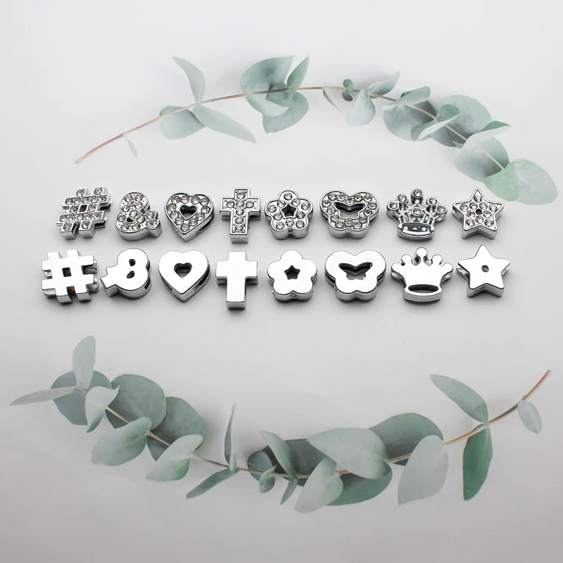 10PC/lot 8MM clear rhinestones heart star flower cross crown Slide Charm For 8mm DIY Bracelet Wristband Jewelrys Making