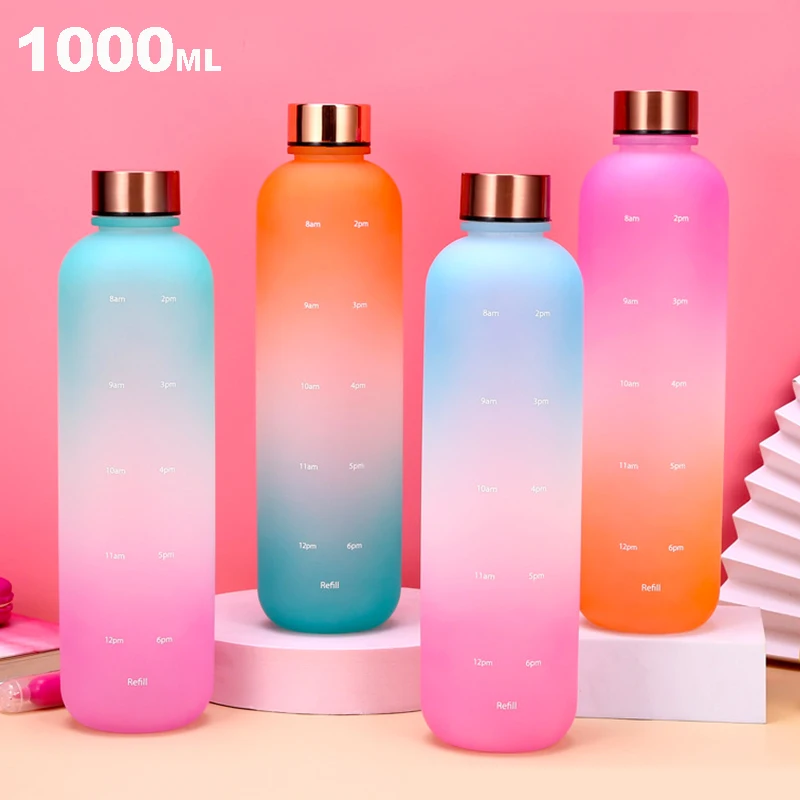 1000ml gradient color space cup large volume matte water bottle stainless steel cap plastic cup outdoor sports water bottle