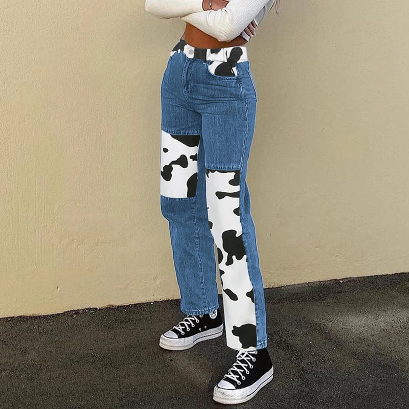 Milk Cow Print Straight Jeans For Girls Female Patched Women Vintage Denim Pants NiceHigh Waisted Trouser Vogues Streetwear