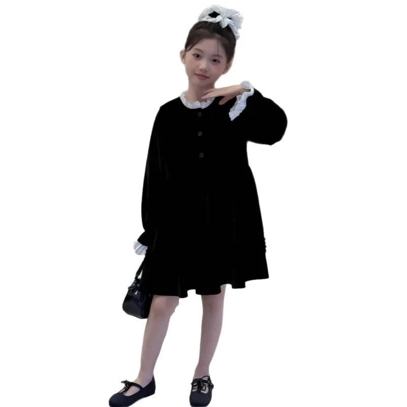 Autumn Korean Version Girls French Retro Temperament Velvet Dress Princess Dress Girls Hepburn Style Little Black Dress