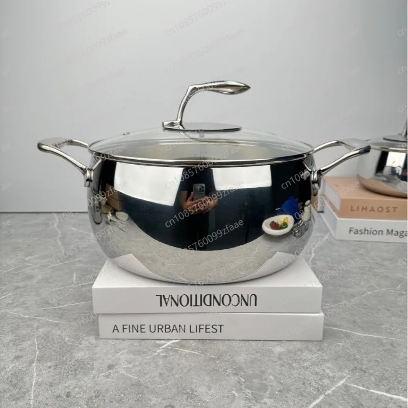 Three-layer steel integrated forming soup pot, multi-purpose pot for stewing and soup, cast steel anti-scalding handle