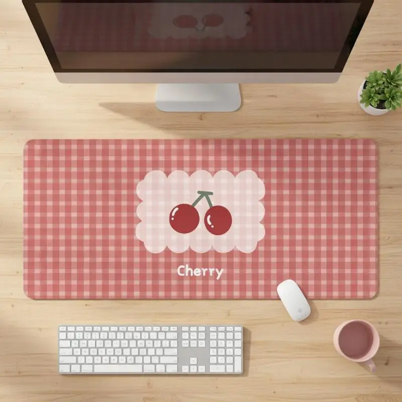 Large Extended Desk Mat Cute Cherry Pink Plaid Print Nonslip Base For Home Office Gaming Use