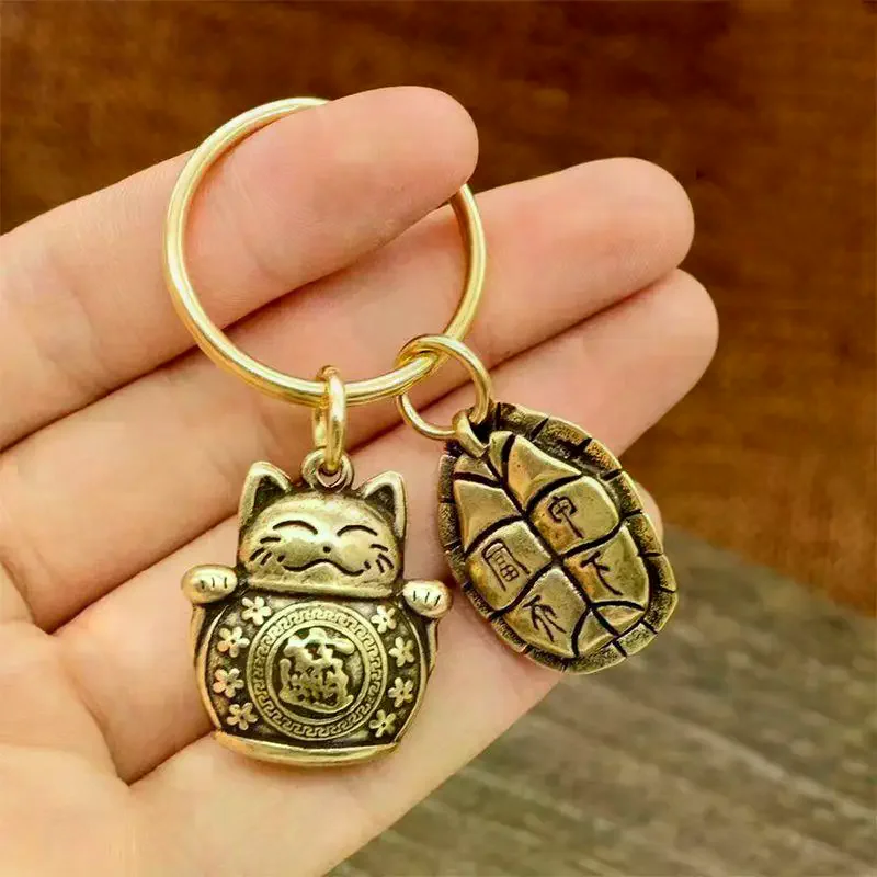 Zodiac Horse Five Emperors Money Pendant Lucky Cat Keychain Chinese Feng Shui Coins Key Ring Bring Wealth Fortune