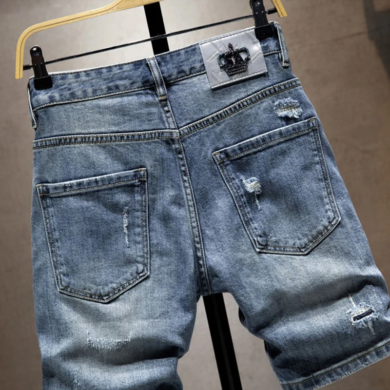 Summer Fashion Designer Men Jeans Retro Blue Stretch Patched Ripped Short Jeans Men Hip Hop Vintage Casual Denim Shorts Hombre