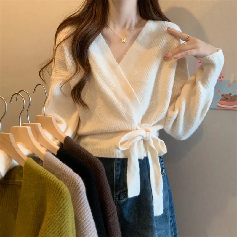 

Cross Irregular Tie Up Waist Slimming Sweater Cardigan Women's Spring Autumn Winter Unique Loose Knitted Shirt