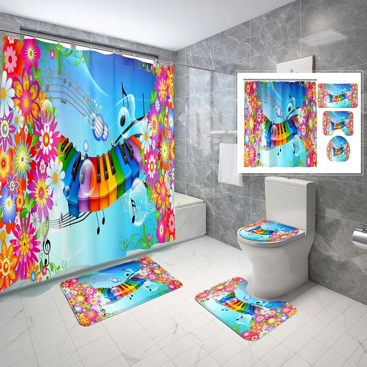 

4 Pcs Music Fashion Theme Colorful Flowers and Piano Shower Curtain Bathroom Non-Slip Bath Mat Toilet Cover Shower Curtain Set