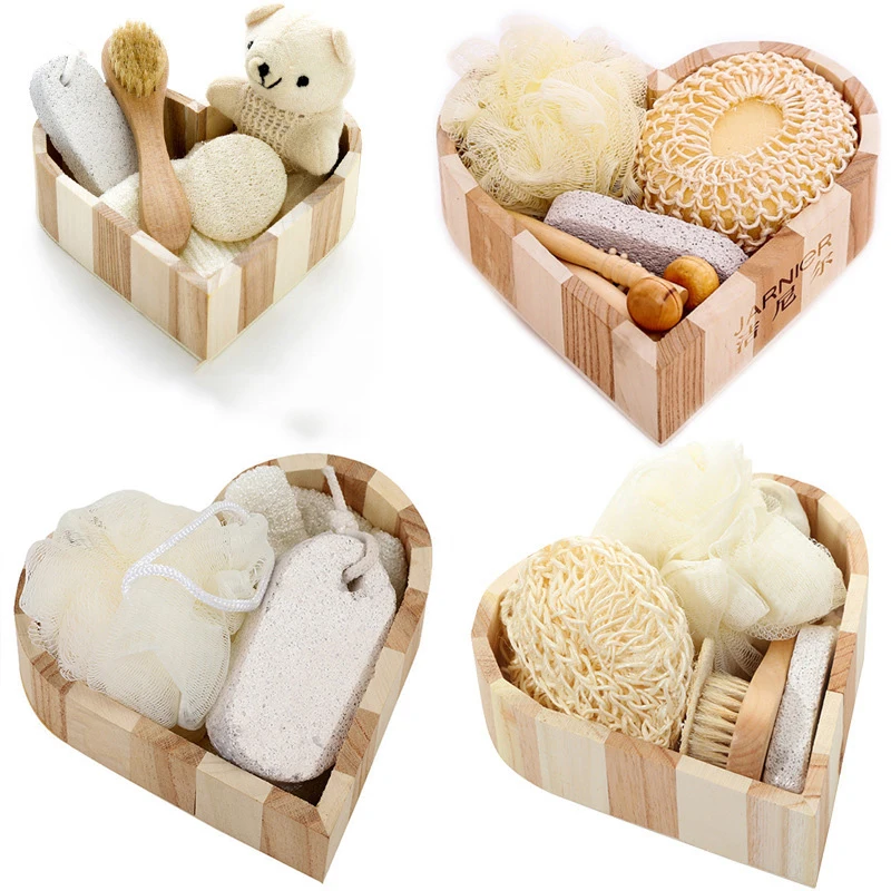 1 Set Spa Heart Shape Gift Box Bathing Skin Cleaning Kit For Women Sisal Bath Flower Back Scrubber Gloves Massager