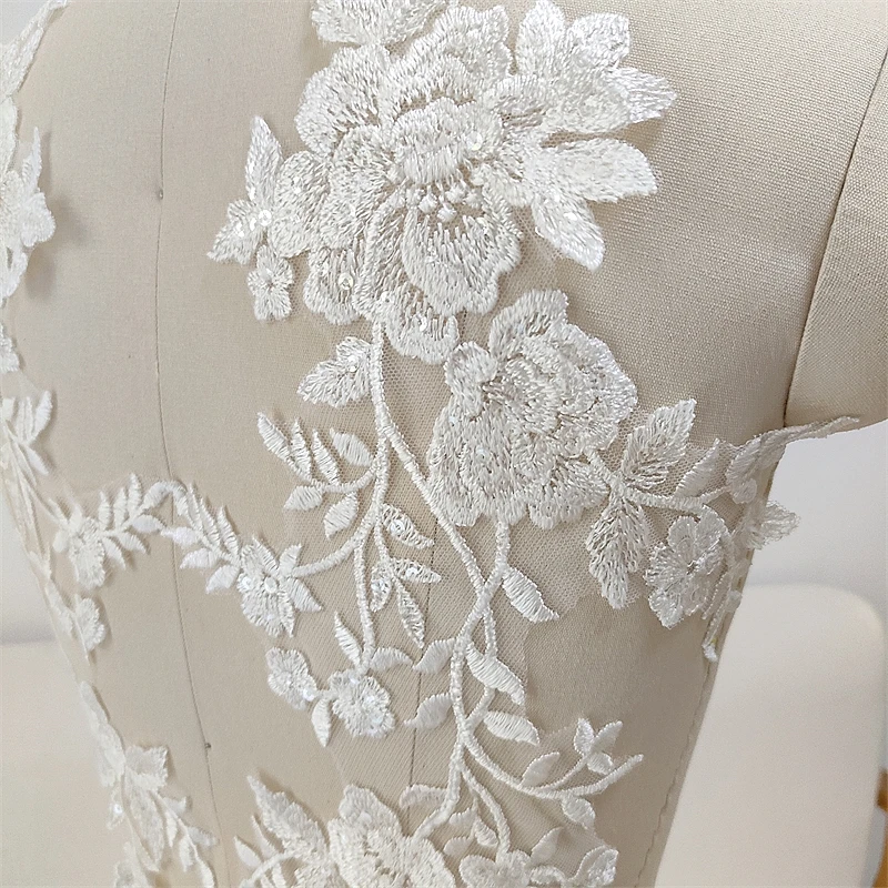 White Flowers Wedding Appliques, Embroidered Lace Mesh Fabric, Sew On Patches for Bride, Evening Dress, DIY Decoration, 2Pcs