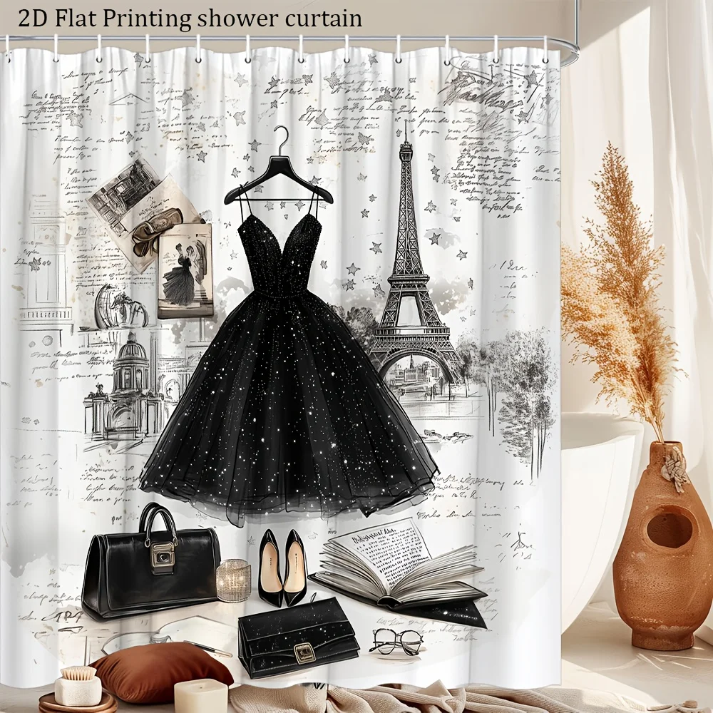 [2D Flat Printing] 1pc Parisian Dress Shower Curtain Black Gown Fashion Sketch Eiffel Tower Chic Elegant Decor Modern Fashion Ho
